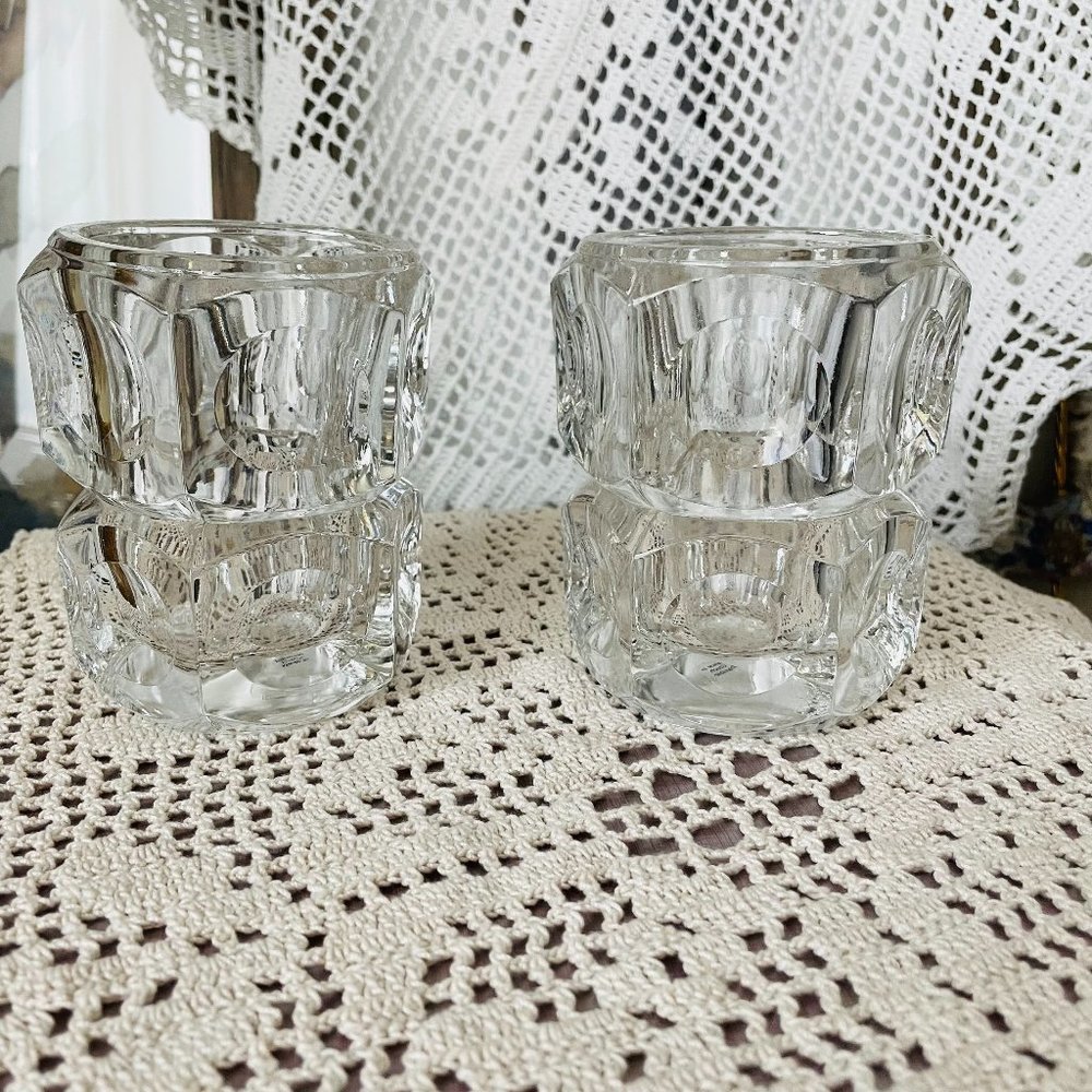 Elements Vintage Czech Thick Heavy Crystal Vase Candle Holder 4 ½” H Set of 2 NW